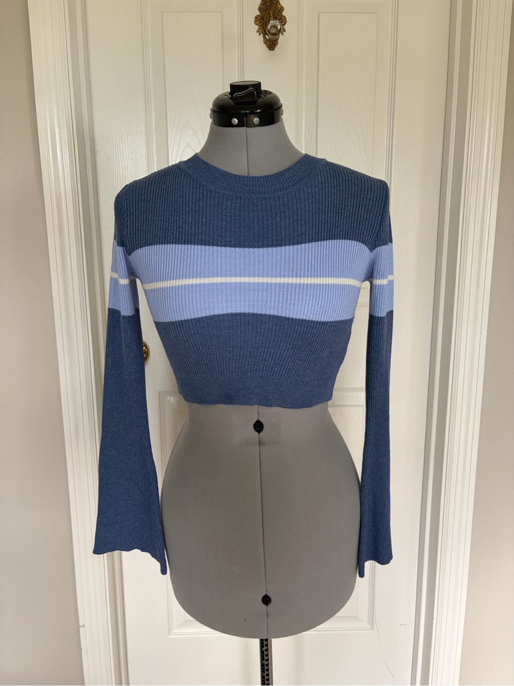 Blue Striped Cropped Knit Top - Women's